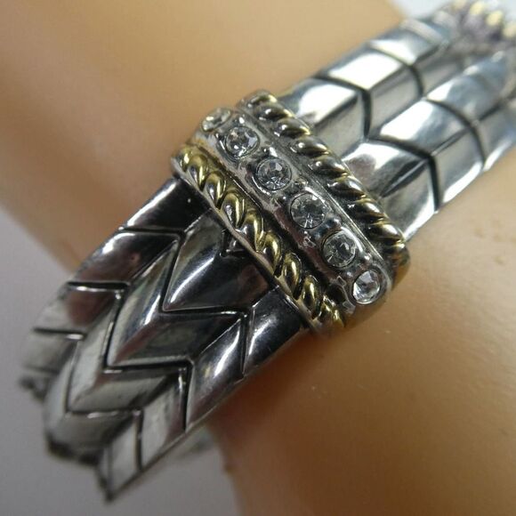 Two Tone Gold Silver Hinged Bangle Bracelet Clear Rhinestone Detailed Solid - Picture 2 of 8